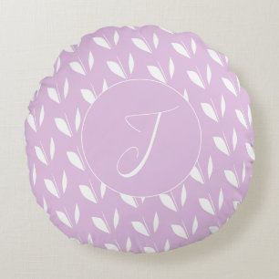 Custom initial white silhouette leaves purple round cushion