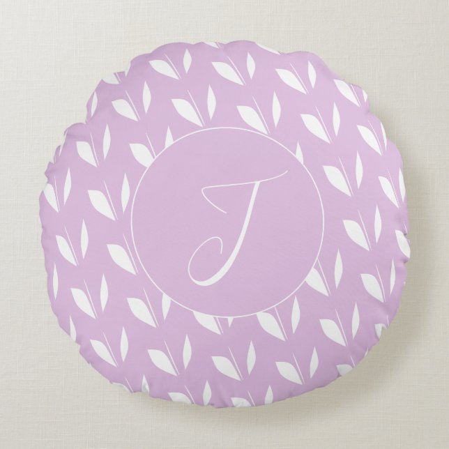 Custom initial white silhouette leaves purple round cushion (Front)