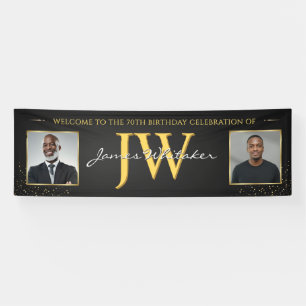 Custom Initials Birthday Banner, Black Gold Photo Banner