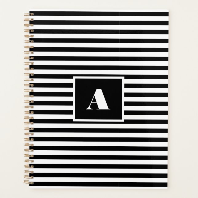 Custom initials Black and White Striped  Planner (Front)