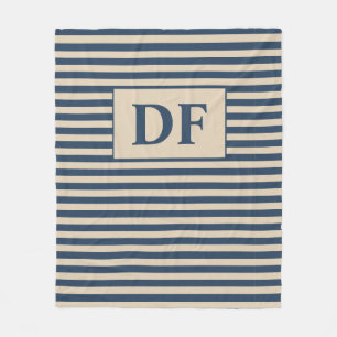 Custom Initials Blue/Vanilla Stripes Fleece Blanket