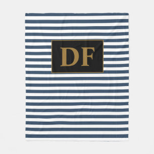 Custom Initials Blue/White Stripes Fleece Blanket