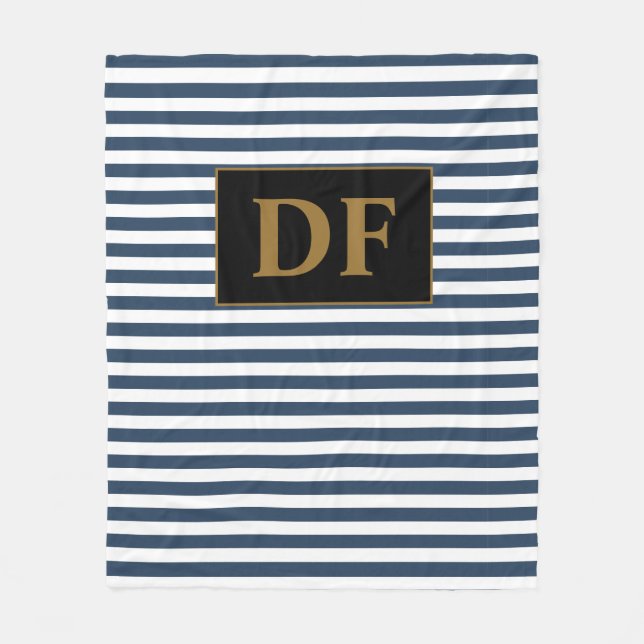 Custom Initials Blue/White Stripes Fleece Blanket (Front)
