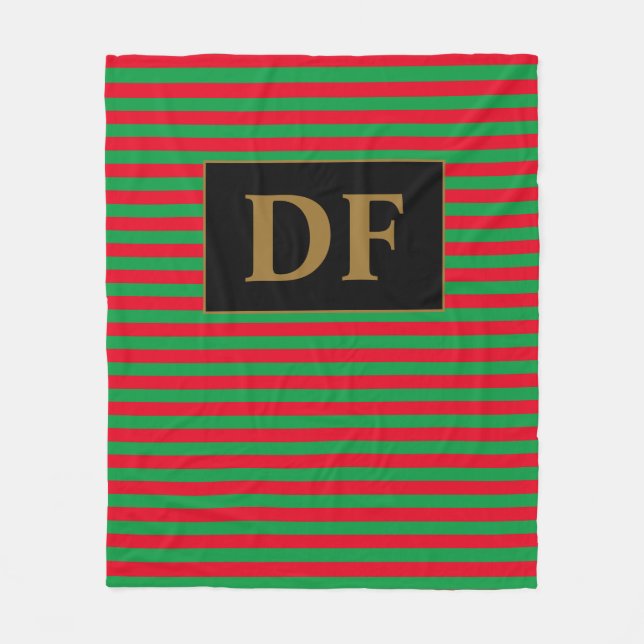 Custom Initials Christmas Red/Green Stripes Fleece Blanket (Front)