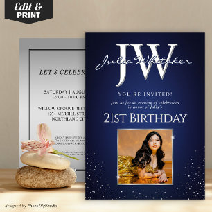 Custom Initials Elegant 21st Birthday Blue Silver  Invitation