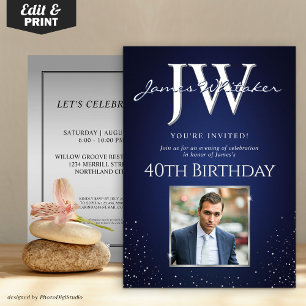 Custom Initials Elegant 40th Birthday Blue Silver  Invitation
