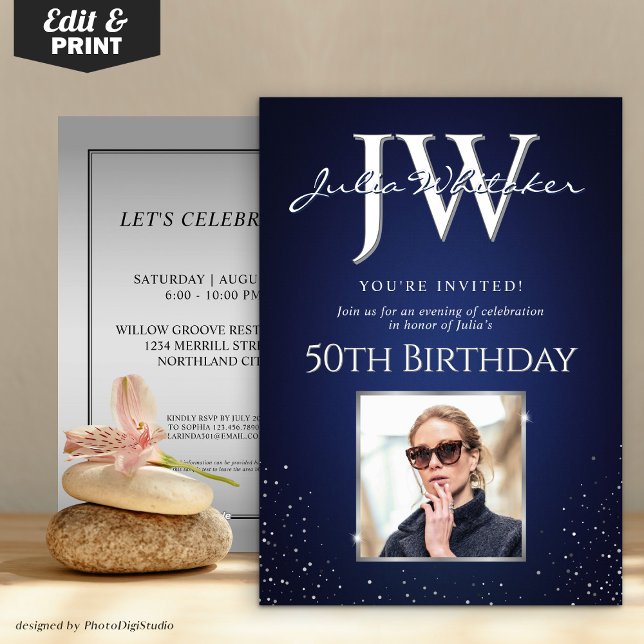 Custom Initials Elegant 50th Birthday Blue Silver  Invitation (Custom Initials Elegant 50th Birthday Blue Silver Invitation)