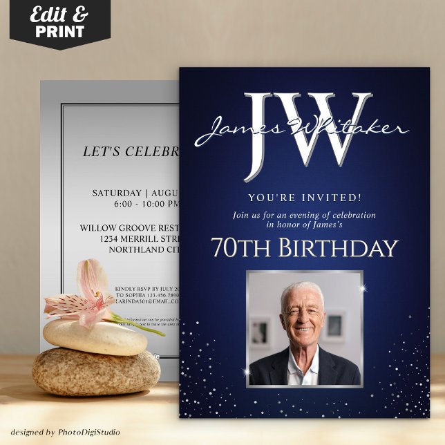 Custom Initials Elegant 70th Birthday Blue Silver  Invitation (Custom Initials Elegant 70th Birthday Blue Silver Invitation)