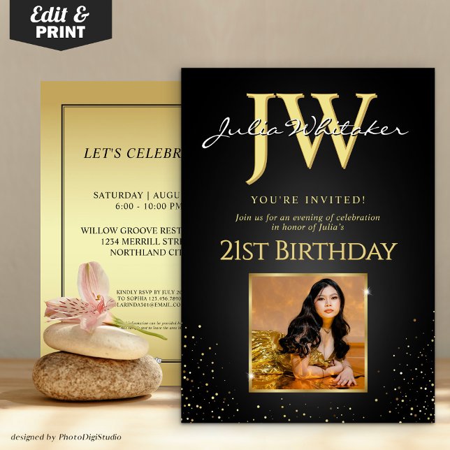Custom Initials Elegant Black Gold 21st Birthday Invitation (Custom Initials Elegant Black Gold 21st Birthday Invitation)