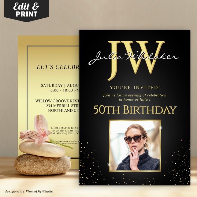 Custom Initials Elegant Black Gold 50th Birthday Invitation (Custom Initials Elegant Black Gold 50th Birthday Invitation)