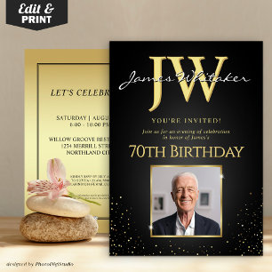 Custom Initials Elegant Black Gold 70th Birthday  Invitation