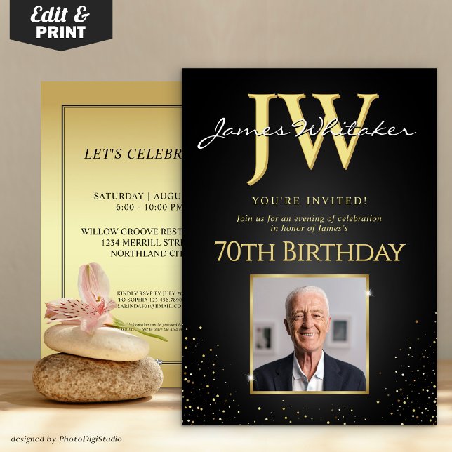 Custom Initials Elegant Black Gold 70th Birthday  Invitation (Custom Initials Elegant Black Gold 70th Birthday Invitation)