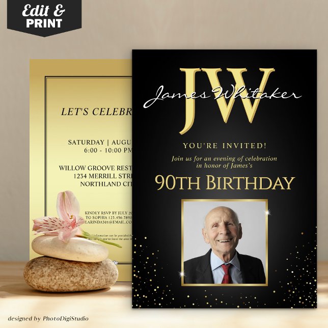 Custom Initials Elegant Black Gold 90th Birthday  Invitation (Custom Initials Elegant Black Gold 90th Birthday Invitation)