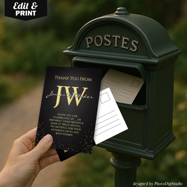 Custom Initials Elegant Black Gold Thank You Card (Custom Initials Elegant Black Gold Thank You Card)