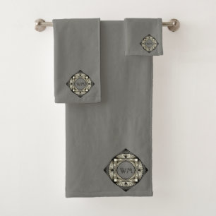 Custom Initials Elegant Manly Grey Chic Art Deco Bath Towel Set