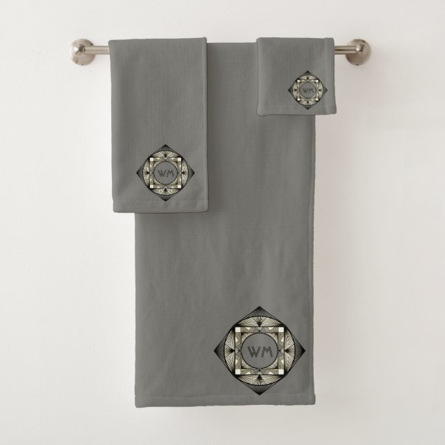 Custom Initials Elegant Manly Grey Chic Art Deco Bath Towel Set (Insitu)