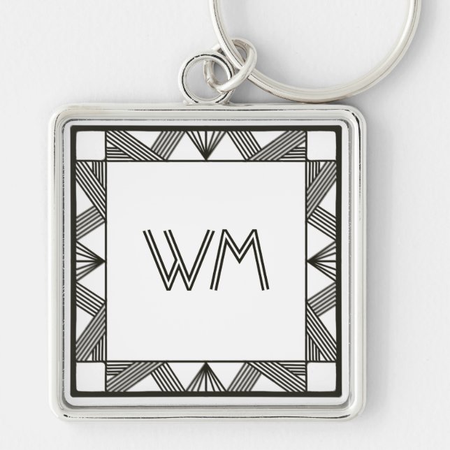 Custom Initials Elegant Modern Black Chic Art Deco Key Ring (Front)