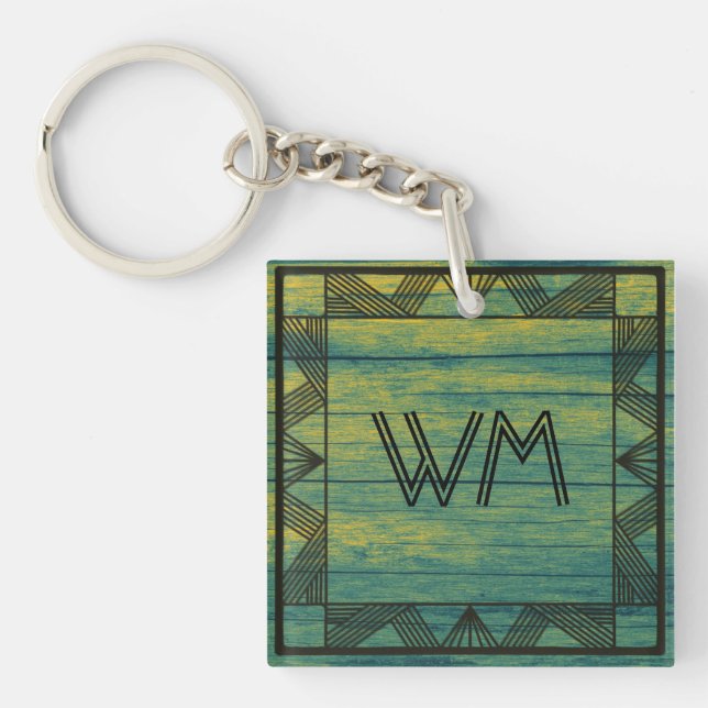 Custom Initials Green Wood Modern Rustic Farmhouse Key Ring (Front)