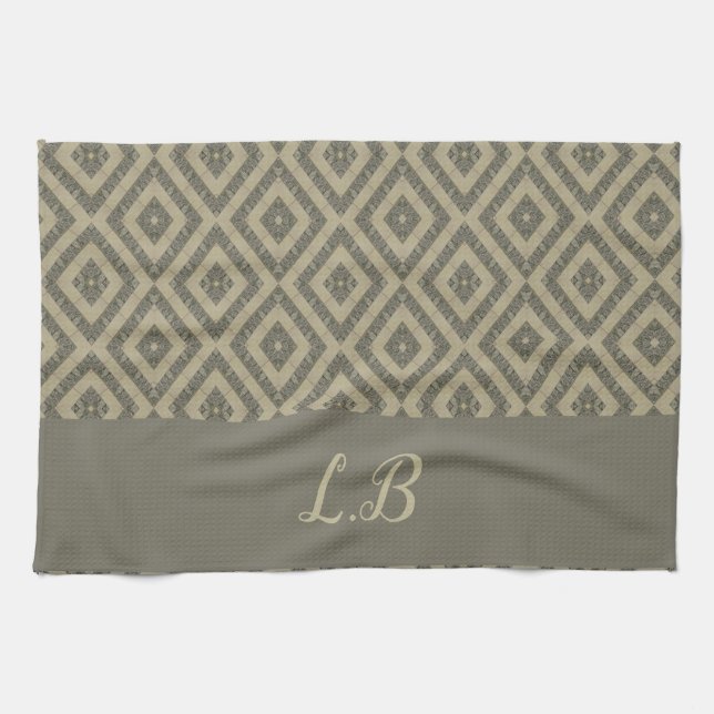 Custom initials grey brown pave bricks pattern tea towel (Horizontal)