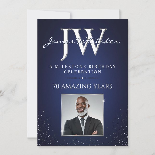 Custom Initials Invite, Blue Silver Photo Birthday Invitation (Front)