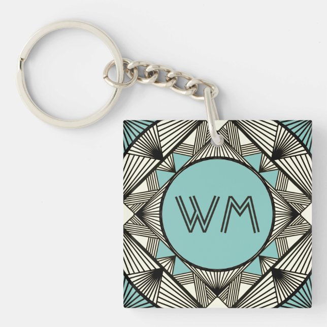 Custom Initials Modern Elegant Sage Green Art Deco Key Ring (Front)