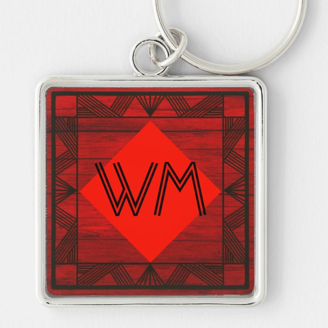 Custom Initials Red Wood Modern Rustic Art Deco Key Ring (Front)