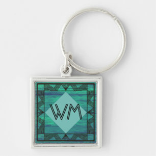 Custom Initials Teal Green Wood Modern Rustic Deco Key Ring