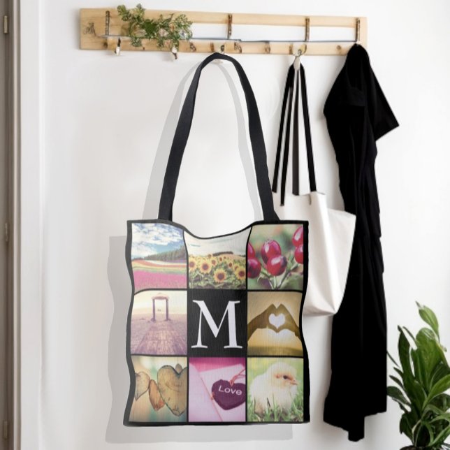 Custom instagram photo collage name initial tote bag (Photo collage name initial monogram tote bag)