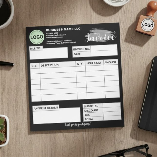 Custom invoice Form with Logo Black Small Business Notepad (Small Business Receipts | Receipts for Small Businesses | Order Form)