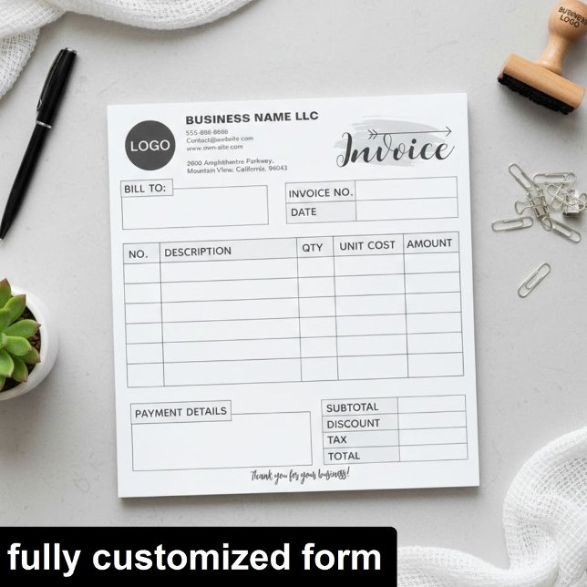 Custom invoice Form with Logo, Gray Small Business Notepad (add your logo receipt book, professional invoice template)