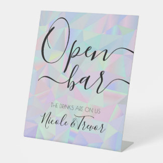 Custom Iridescent Geometric Wedding Open Bar Pedestal Sign