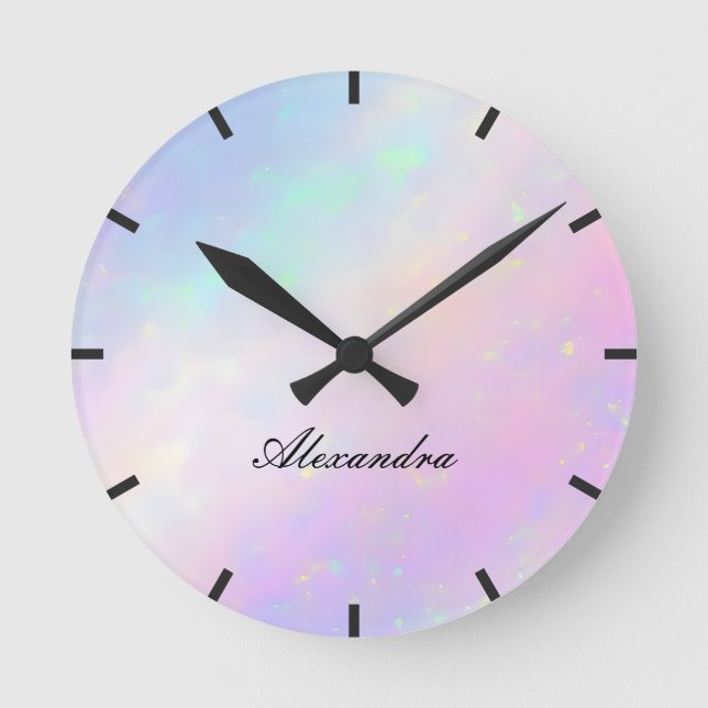 Custom Iridescent Script Monogram Name Round Clock (Front)