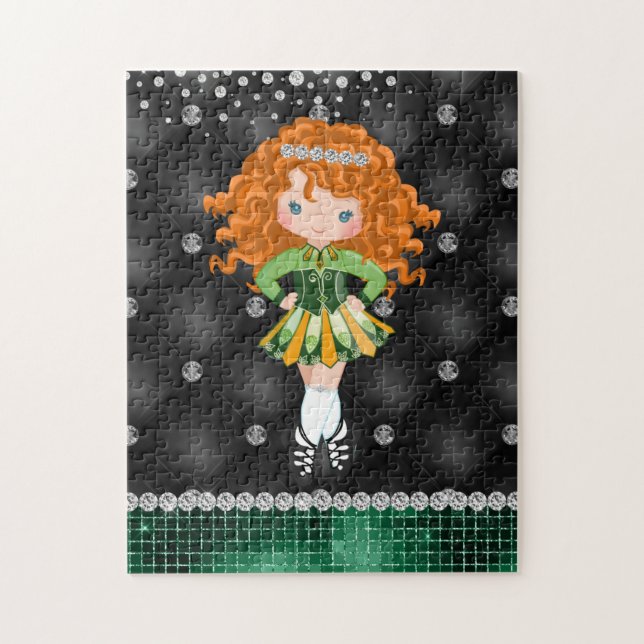 Custom Irish Dance Redhead Girl Green, Black Jigsaw Puzzle (Vertical)