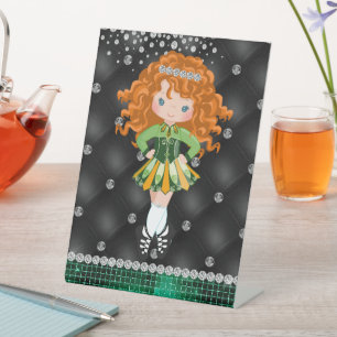 Custom Irish Dance Redhead Girl Green, Black Pedestal Sign