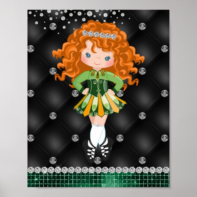 Custom Irish Dance Redhead Girl Green, Black Poster (Front)