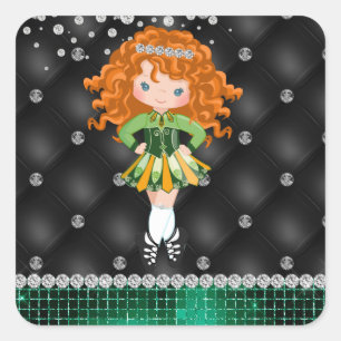 Custom Irish Dance Redhead Girl Green, Black Square Sticker