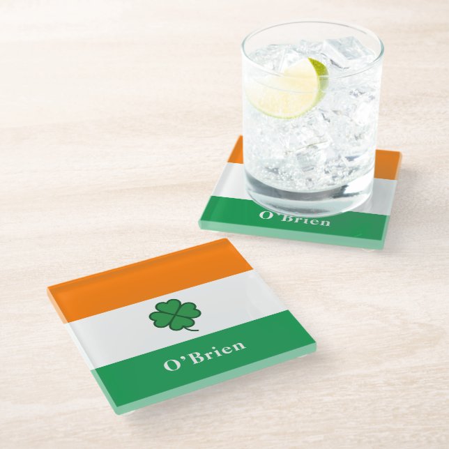 Custom Irish Flag with Last Name Glass Coaster (Angled)