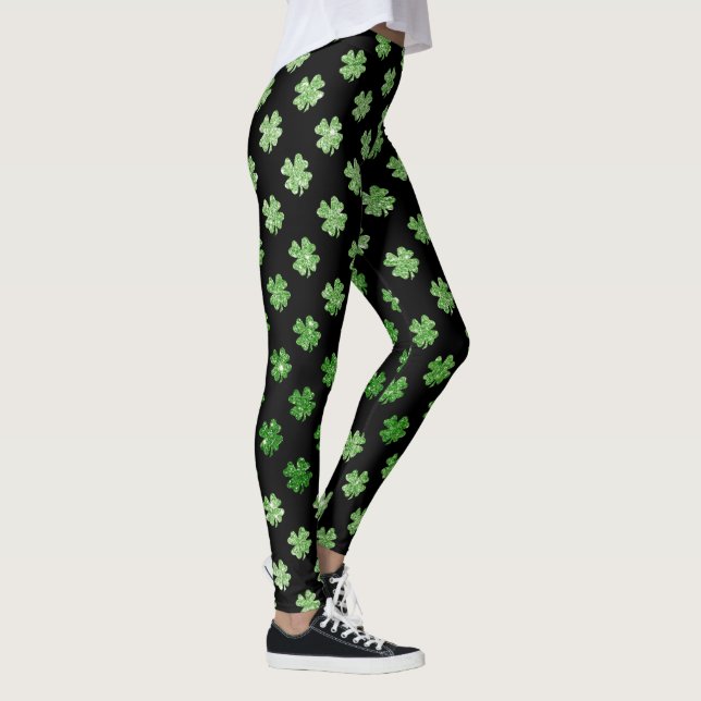 Custom Irish Green Glitter Shamrock Pattern Black Leggings (Right)