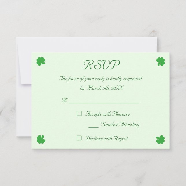 Custom Irish Green Shamrock Clover Wedding RSVP Card (Front)