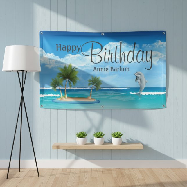 Custom Island Dolphin Happy Birthday Banner ("Dolphin Dream" Tropical Island Birthday Banner)