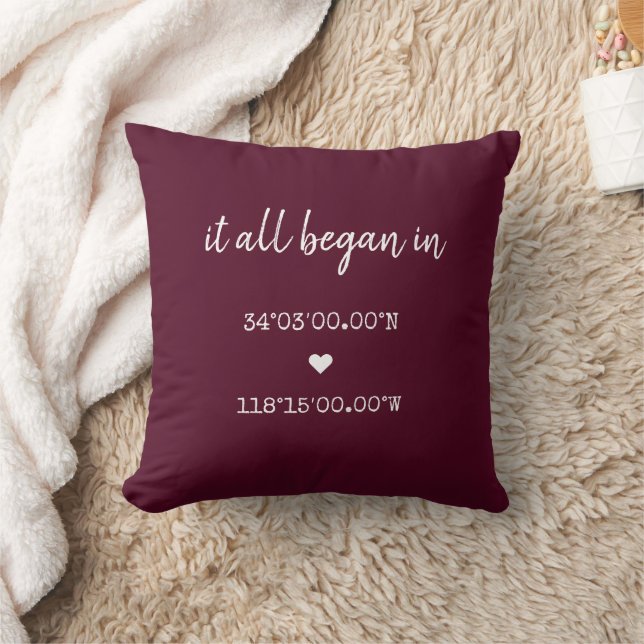 Custom It All Began Coordinates Burgundy Valentine Cushion (Blanket)