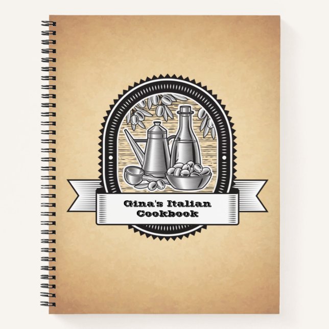 Custom Italian Themed Recipe Book, Cookbook Notebook (Front)