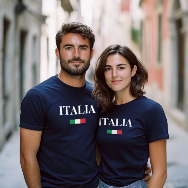 Custom Italy T-Shirt – Italia, Sicilia, Umbria etc (Italian Couple wearing Navy T-shirts with Italia and small Italian flag icon)