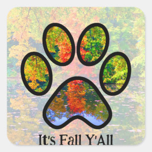 Custom It's Fall Y'All Paw Cat Dog Cute Foliage Square Sticker
