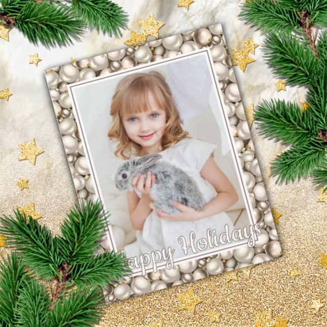 Custom Ivory Silver Gold Baubles Pattern Holiday Card (Creator Uploaded)