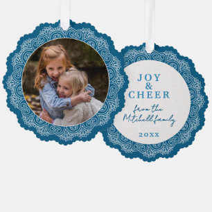 Custom Ivory White Mandala Wreath On Blue Tree Decoration Card