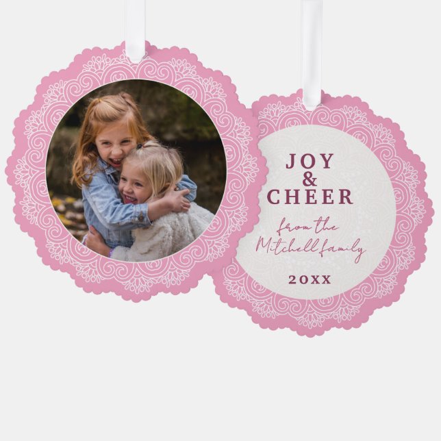 Custom Ivory White Mandala Wreath On Pink Tree Decoration Card (Front/Back)