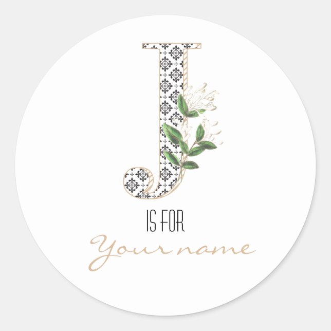 Custom J Name Floral Flower Classy Letter J Modern Classic Round Sticker (Front)