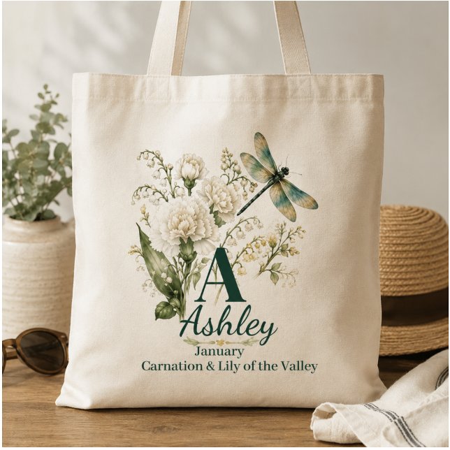 Custom January Birth Flower Monogram Tote Bag (Creator Uploaded)