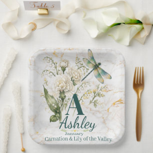 Custom January Birth Flower Monogram Tote Bag Paper Plate